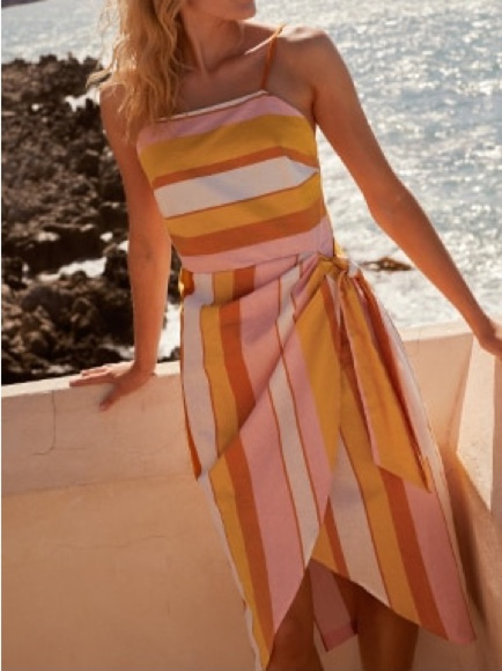 Express | Striped Linen-Blend Wrap Midi Dress | Size XS